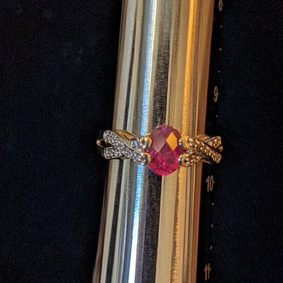 14K Gold Natural Pink Tourmaline & Diamond Criss Cross Band Ring Size 9.5 - Picture 13 of 15